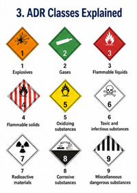 ADR hazard classes chart showing dangerous goods categories and warning labels